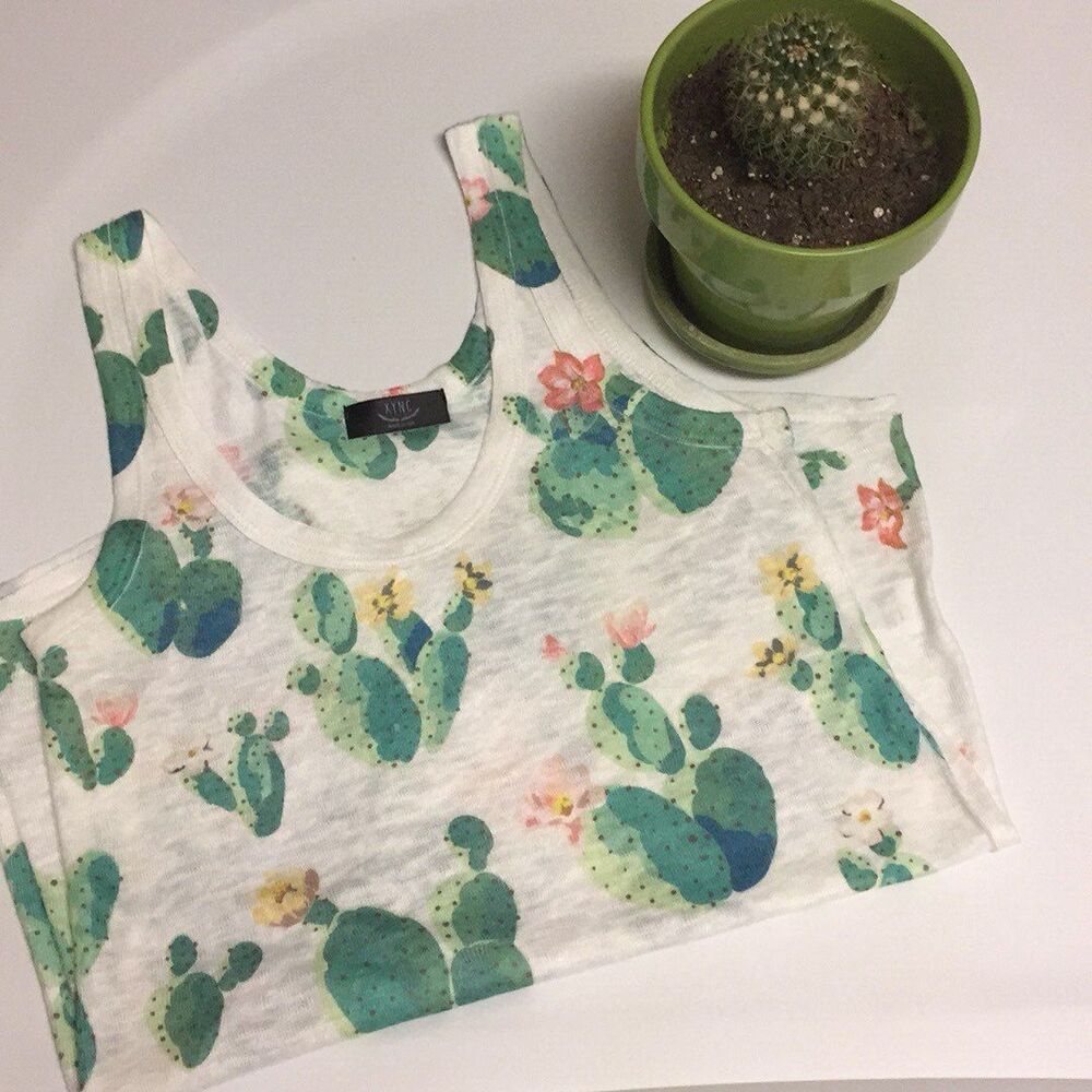 XYNC Cactus Print Tank Top White Green Botanical Succulent Western Desert Graphi
